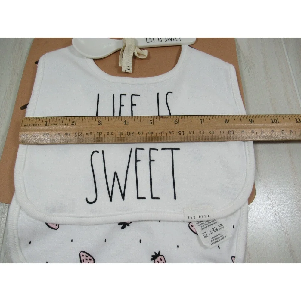 Rae‎ Dunn Baby Bibs spoon set Life Is Sweet Strawberries new with small spot on1